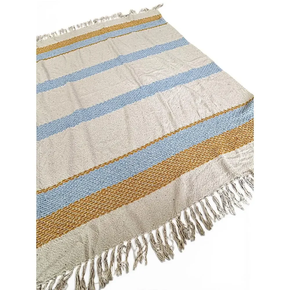 100% Cotton Woven Throw Blanket Cream Blue Mustard Striped Fringe Boho Coastal